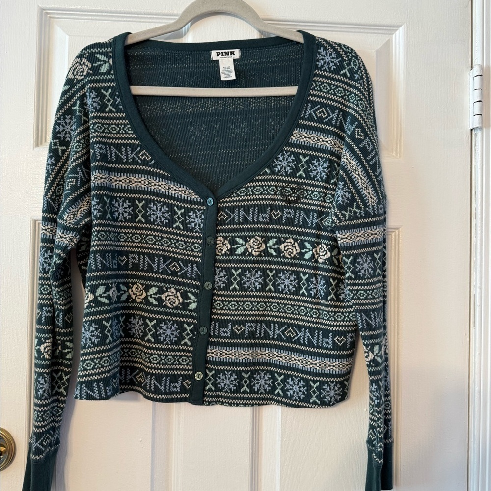 PINK Victoria's Secret Women's Nordic Pattern Cardigan - Teal